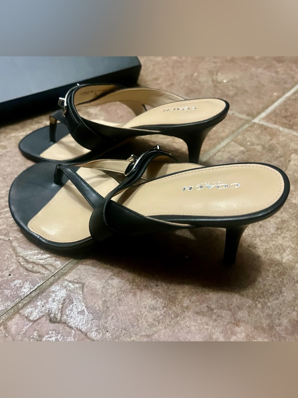 Coach Black Leather Thong Sandals with Silver Logo Accent - Picture 2 of 5